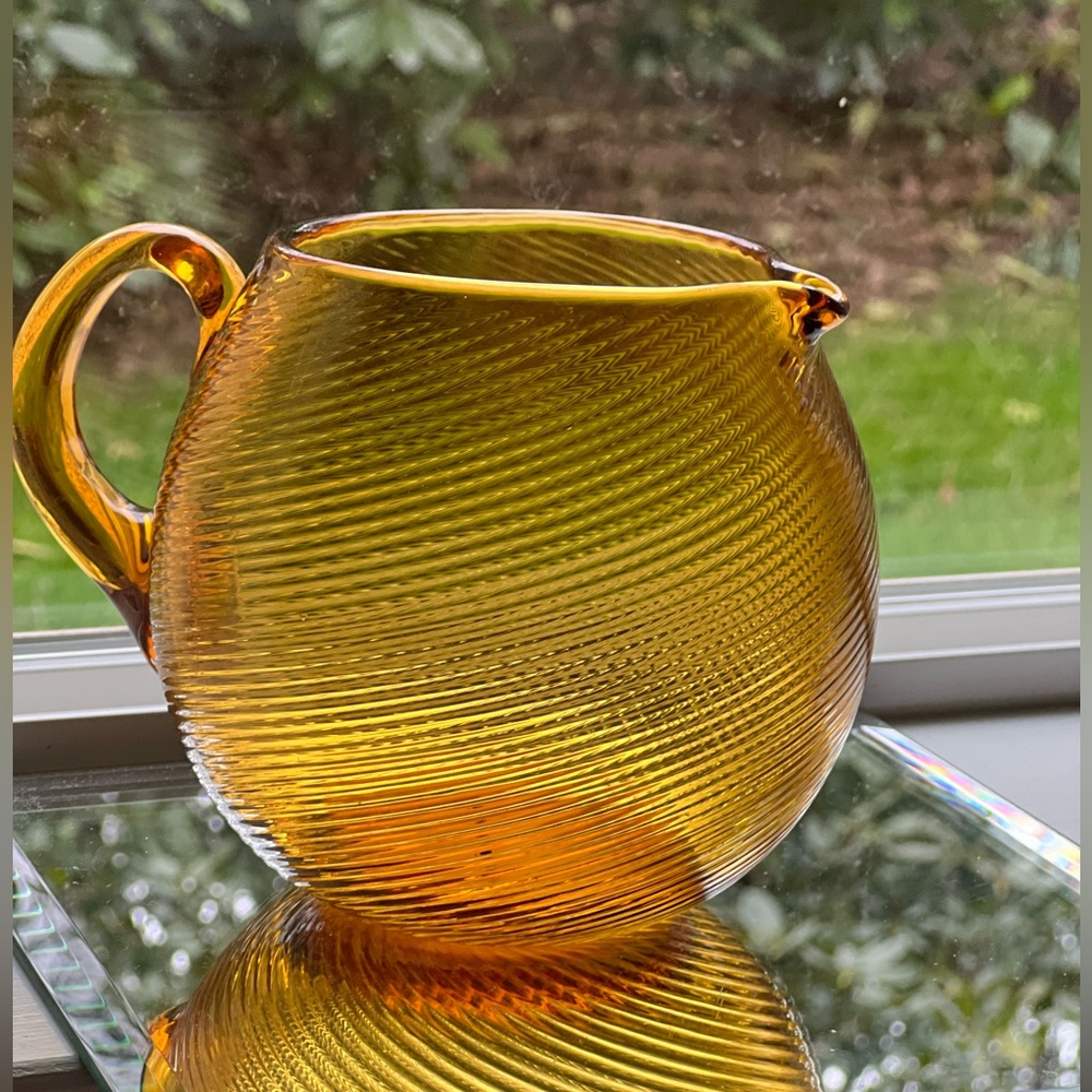 COPY - Mid Century 1920’s Threaded art glass by Victor Durand Amber Ribbed Pitc…